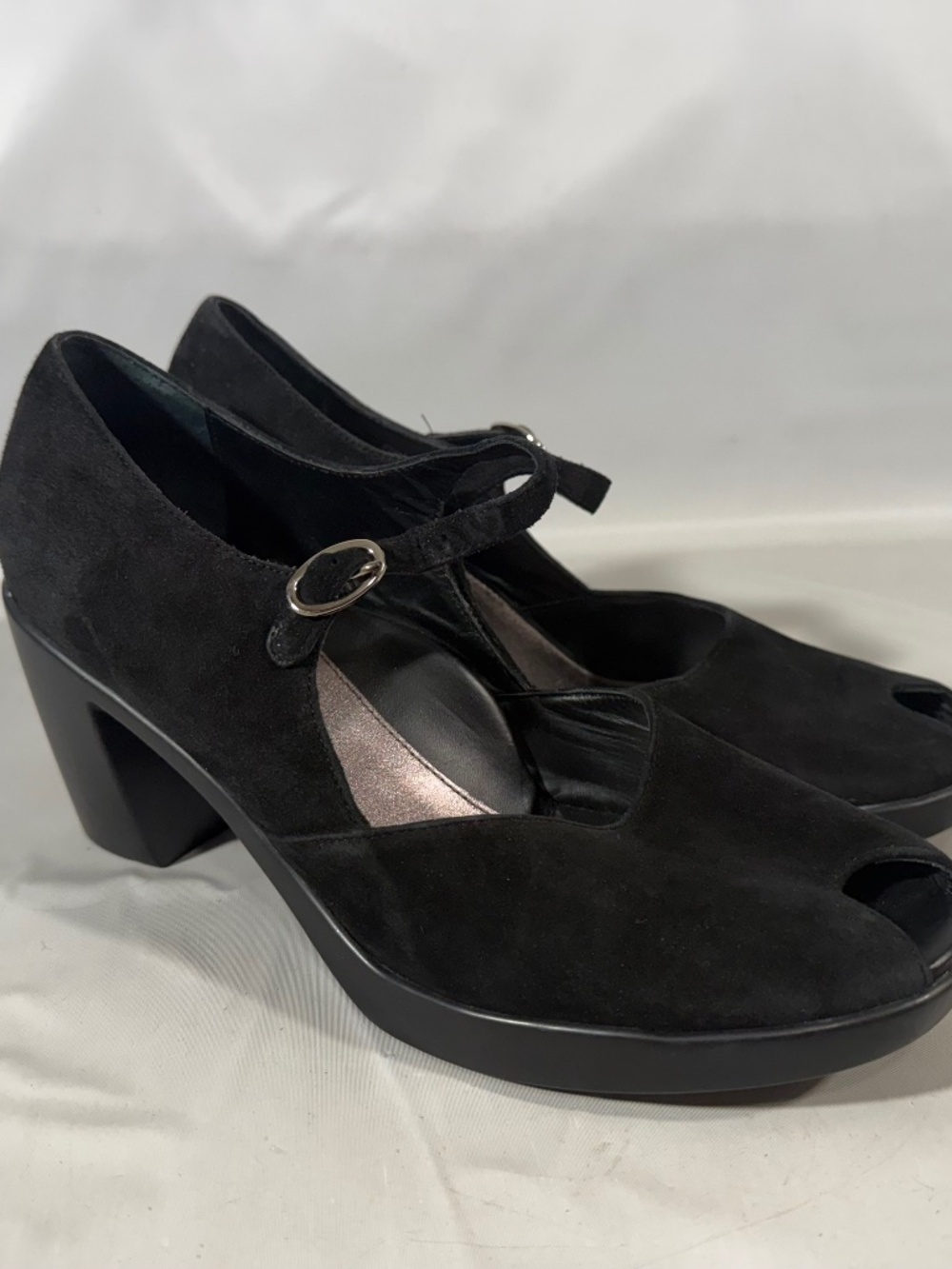 Dansko Mary Jane Block Heels Black Suede  Pump Peep Toe Shoe Women’s 39/8.5